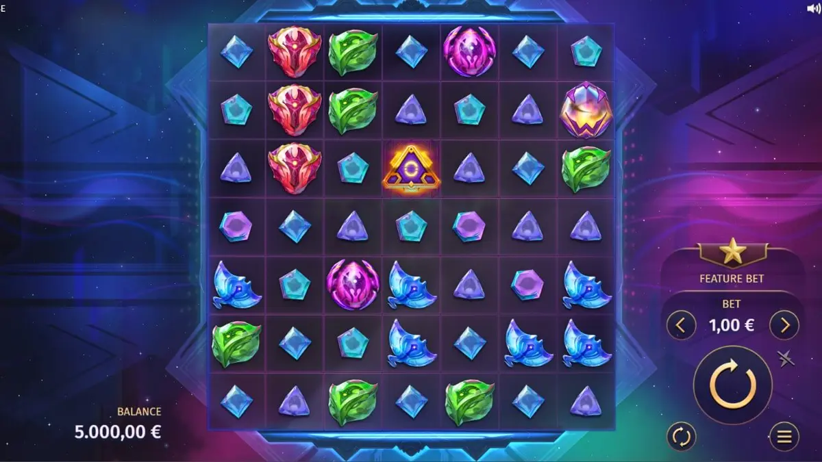Tampilan visual futuristik dari slot Phantom Pulse dengan grid 7x7 yang bercahaya.