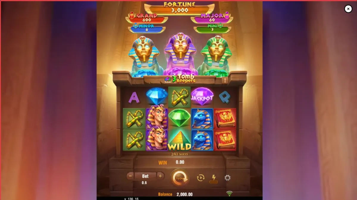 Tampilan visual slot 3 Tomb Keepers dengan tema makam Mesir Kuno