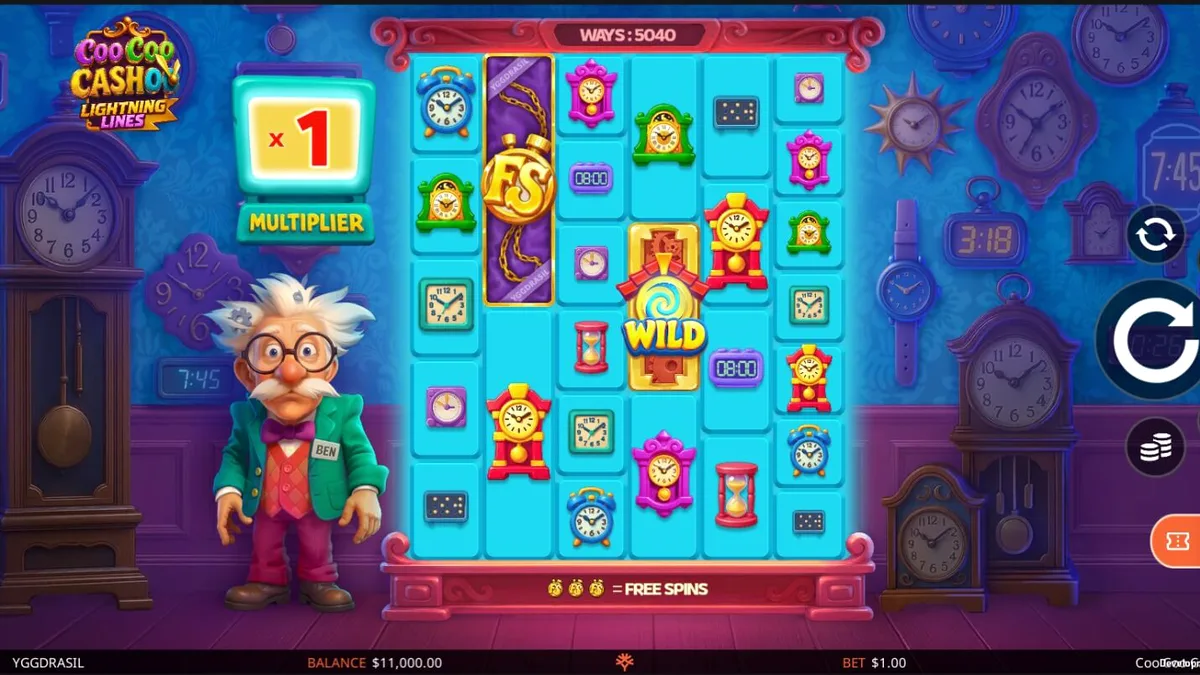 Tampilan visual slot Coo Coo Cashoo dengan tema bengkel jam dan penemu nyentrik.
