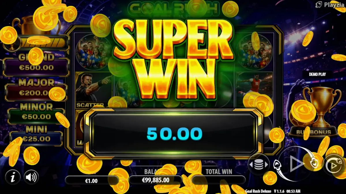Tampilan visual slot Goal Rush Deluxe Hold and Win dengan latar stadion sepak bola